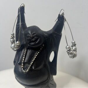 Silver pearl and wire teardrop hoop statement earrings